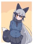  1girl animal_ears aramaru arms_behind_back bangs black_bow black_bowtie black_hair black_legwear black_necktie black_shirt black_skirt blazer blue_jacket bow bowtie brown_eyes commentary cowboy_shot extra_ears fox_ears fox_tail fur_collar gradient_hair grey_hair highres jacket kemono_friends leaning_forward long_hair long_sleeves looking_at_viewer miniskirt multicolored_hair necktie outside_border pantyhose parted_lips pleated_skirt shirt silver_fox_(kemono_friends) skirt solo standing tail very_long_hair yellow_background 