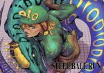  1boy ayaki_d blurry brown_gloves copyright_name depth_of_field diego_brando dinosaur gloves green_headwear helmet highres jojo_no_kimyou_na_bouken male_focus profile solo steel_ball_run turtleneck yellow_lips 