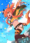  1girl animal_ears belly blush bomber_jacket confetti highres horse_ears horse_tail jacket leg_up mayano_top_gun_(umamusume) midriff negi_(ulog&#039;be) orange_hair outstretched_arms shorts sky spread_arms tail thighhighs umamusume yellow_eyes 