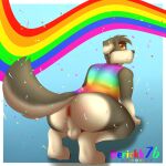  absurd_res anthro anus backsack balls bottomless canid canine clothed clothing confetti deancrazz genitals hi_res looking_at_viewer male mammal penis rainbow shirt shirt_only solo topwear topwear_only 
