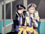  2boys black_coat black_headwear blue_necktie coat collared_shirt dress_shirt emmet_(pokemon) finger_to_mouth galvantula gloves grey_eyes grey_hair hand_up hat high_collar index_finger_raised ingo_(pokemon) jaho long_sideburns long_sleeves male_focus multiple_boys necktie on_lap peaked_cap pokemon pokemon_(creature) pokemon_(game) pokemon_bw pokemon_on_lap shirt short_hair shushing sideburns sitting train_interior trench_coat white_coat white_gloves white_headwear white_shirt window 