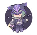  1girl :q black_background black_jacket black_legwear blush chibi cicin_mage_(genshin_impact) closed_mouth commentary_request electro_cicin_mage_(genshin_impact) eye_mask facing_viewer full_body fur-trimmed_sleeves fur_trim genshin_impact green_hair holding holding_lantern hood hood_up jacket lantern long_sleeves nose_blush nyaru_(nyaru_4126) open_clothes open_jacket pantyhose purple_footwear purple_legwear round_image shoes sleeves_past_wrists smile solo standing sweat tongue tongue_out two-tone_background white_background 