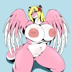  absurd_res anthro big_breasts big_nipples blonde_hair blue_eyes breasts cainesart canid canine canis dragon female flower fur genitals hair hi_res horn huge_breasts hybrid mammal nipples pink_body pink_fur plant pussy roketchu slightly_chubby solo wings wolf 