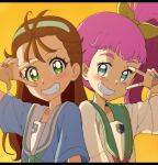  2girls alternate_hairstyle aozora_middle_school_uniform back-to-back blouse blue_shirt blush commentary cosplay costume_switch green_neckerchief green_sailor_collar grin hair_down hair_pulled_back hair_ribbon hair_up hairband hairstyle_switch jewelry kayabakoro laura_la_mer looking_at_viewer mikuru_beam multiple_girls natsuumi_manatsu neckerchief orange_background precure purple_hair red_neckerchief ribbon ring sailor_collar school_uniform serafuku shirt short_sleeves side_ponytail simple_background smile tropical-rouge!_precure v white_hairband white_sailor_collar white_shirt yellow_ribbon 