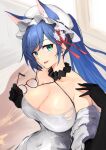  animal_ears azur_lane big_bad_wolf_(grimm) black_gloves blue_eyes blue_hair breasts cleavage day dress fangs fox_ears fox_tail glasses gloves hair_between_eyes hair_ornament highres indoors jintsuu_(azur_lane) jintsuu_(the_gray_wolf&#039;s_ploy)_(azur_lane) large_breasts long_hair looking_at_viewer marshall_k moon official_alternate_costume open_mouth removing_eyewear sitting smile tail white_dress window 