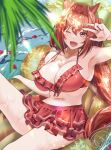  1girl ;d afloat animal_ears arm_up armpits artist_name bikini bikini_skirt blurry blurry_foreground breasts brown_hair cleavage commentary daiwa_scarlet_(trifle_vacation)_(umamusume) daiwa_scarlet_(umamusume) dappled_sunlight day depth_of_field fang frilled_bikini frills hair_intakes hair_ribbon halterneck highres horse_ears horse_girl inflatable_raft knee_up large_breasts leonis_g long_hair looking_at_viewer official_alternate_costume one_eye_closed outdoors palm_tree red_bikini red_eyes red_ribbon ribbon shading_eyes signature sitting smile solo sunlight swimsuit tree twintails umamusume umamusume_summer_story_(umamusume) very_long_hair water 