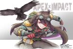  1girl allegra_clark apex_legends armor axe beidou_(genshin_impact) bloodhound_(apex_legends) bloodhound_(apex_legends)_(cosplay) brown_hair brown_jacket brown_pants cosplay crown floating_hair genshin_impact gloves goggles goggles_on_head highres holding holding_axe holding_knife jacket knee_pads knife leaning_forward long_hair pants parted_lips raven&#039;s_bite red_gloves shoulder_armor smile solo twitter_username uncleduk voice_actor_connection 
