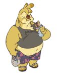  anthro belly bottomwear clothing disney eating eyes_closed food footwear fur lilo_and_stitch male maxpany navel overweight reuben_(lilo_and_stitch) sandals sandwich_(disambiguation) sandwich_(food) shirt shopping_bag shorts simple_background solo submarine_sandwich tank_top topwear white_background yellow_body yellow_fur 