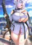  1girl ammunition blood blue_eyes blue_sky blurry blurry_background breasts bullet cartridge character_request chromatic_aberration cloud cloudy_sky copyright_request cuts day dress gun hair_over_one_eye hat highres holding holding_gun holding_weapon injury large_breasts legs long_sleeves looking_at_viewer machine_gun mg42 military military_hat military_uniform no_bra outdoors purple_hair qibu_yuren_jiu red_nails scratches shell_casing short_hair sky solo torn_clothes uniform weapon white_dress 