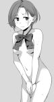  1girl banned_artist blush bow bowtie bracelet breasts closed_mouth covering covering_crotch greyscale jewelry kantai_collection makio_(makiomeigenbot) medium_breasts mole mole_on_neck monochrome nude short_hair simple_background solo tamanami_(kancolle) 