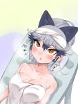  1girl alternate_hairstyle animal_ears aramaru bangs bare_shoulders black_hair breasts brown_eyes cleavage commentary dutch_angle extra_ears fox_ears gradient_hair grey_hair hair_up highres kemono_friends large_breasts looking_at_viewer looking_up multicolored_hair naked_towel short_hair silver_fox_(kemono_friends) sitting solo steam sweat towel towel_on_head white_towel 