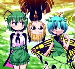  3girls ? aizawa_(teaminazuma) antennae aqua_hair banned_artist black_bow black_cape black_shirt blonde_hair blush bow brown_dress butterfly_wings cape collared_shirt dress eternity_larva fairy frilled_sleeves frills green_dress green_eyes green_hair green_shorts hair_between_eyes hair_bow kurodani_yamame leaf leaf_on_head multicolored_clothes multicolored_dress multiple_girls open_mouth shirt short_hair short_sleeves shorts sleeves_past_fingers sleeves_past_wrists smile touhou white_shirt wide_sleeves wings wriggle_nightbug yellow_eyes 