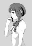  1girl bangs banned_artist blush bow bowtie breasts closed_mouth flying_sweatdrops greyscale kantai_collection looking_at_viewer makio_(makiomeigenbot) monochrome profile short_hair simple_background small_breasts solo sweat takanami_(kancolle) topless upper_body wavy_mouth 