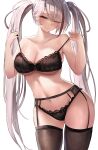  1girl absurdres azur_lane bangs black_bra blush bra breasts cleavage closed_mouth collarbone cowboy_shot garter_belt garter_straps grey_hair highres large_breasts liaowen long_hair looking_at_viewer mole mole_on_breast multicolored_hair off_shoulder prinz_eugen_(azur_lane) red_hair simple_background smile solo strap_pull streaked_hair thighhighs thighs twintails underwear white_background 