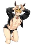  1boy abs animal_ears bangs bara bare_pectorals black_jacket black_shorts blonde_hair blush covered_nipples cropped_jacket detached_collar fake_animal_ears granblue_fantasy green_eyes heart_pasties jacket large_pectorals male_focus male_playboy_bunny muscular muscular_male navel open_clothes open_jacket pasties pectorals rabbit_ears sat_0804 short_hair short_shorts shorts simple_background solo thick_thighs thighs undercut vane_(granblue_fantasy) white_background 