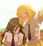  2girls bangs bench black_hair blonde_hair blunt_bangs blurry blush closed_eyes closed_mouth collared_shirt commentary_request depth_of_field hair_between_eyes hover_hand kotobuki_(stealth_sendan) kuroki_tomoko long_hair looking_at_viewer multiple_girls necktie nervous on_bench outdoors parted_lips pleated_skirt purple_necktie school_uniform shadow shiny shiny_hair shirt short_hair short_sleeves sitting_on_bench skirt sleeping sleeping_upright solid_oval_eyes sweat uchi_emiri watashi_ga_motenai_no_wa_dou_kangaetemo_omaera_ga_warui! wavy_mouth white_shirt yellow_skirt yuri 