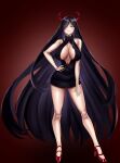  1girl absurdly_long_hair absurdres alternate_costume azur_lane bangs bare_shoulders black_dress black_hair blush breasts casual choister cleavage cleavage_cutout clothing_cutout dress friedrich_der_grosse_(azur_lane) full_body hair_between_eyes hair_over_one_eye hand_on_hip hand_on_leg high_heels highres horns large_breasts legs long_hair looking_at_viewer mechanical_horns open_mouth parted_lips red_background red_footwear red_horns revision short_dress smirk solo standing thighs very_long_hair yellow_eyes 