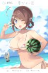  &gt;_&lt; 1girl ahoge beach bikini blue_eyes braid breasts brown_hair chougei_(kancolle) cleavage cloud day floral_print food fruit hair_ornament hair_rings holding holding_food holding_fruit kantai_collection large_breasts looking_at_viewer one_eye_closed outdoors rensouhou-chan shin_(new) side-tie_bikini sky sweat swimsuit v watermelon white_bikini 