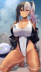  1girl ball bangs bare_legs barefoot beachball black_hair breasts cleavage commentary_request ear_piercing eyes_visible_through_hair hair_between_eyes hair_ornament highleg highleg_swimsuit highres indie_virtual_youtuber kneeling large_breasts long_hair looking_at_viewer mole mole_under_eye multicolored_hair one-piece_swimsuit outdoors parted_lips partially_submerged piercing pink_hair red_eyes satou_daiji side_ponytail solo swimsuit tan tanlines thighs towa_(towa_akqj10) virtual_youtuber water white_swimsuit 