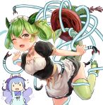  2girls apron blue_hair breasts commentary dragon_girl dragon_horns dragon_tail duel_monster fang gameplay_mechanics green_hair horns laundry_dragonmaid maid maid_apron multiple_girls one_eye_closed paleozoic_dinomischus parlor_dragonmaid restrained sexually_suggestive simple_background small_breasts tail tentacles twintails unagishiro wa_maid white_background yellow_eyes you_gonna_get_raped yu-gi-oh! 