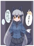  1girl animal_ears aramaru bangs black_bow black_bowtie black_gloves black_hair black_legwear black_necktie black_shirt black_skirt blazer blue_jacket bow bowtie brown_eyes extra_ears fox_ears fox_tail frown fur-trimmed_sleeves fur_collar fur_trim gloves gradient_hair grey_hair hands_on_hips highres jacket kemono_friends long_hair long_sleeves looking_at_viewer miniskirt multicolored_hair necktie open_mouth pantyhose pleated_skirt shirt silver_fox_(kemono_friends) skirt solo standing tail very_long_hair 