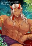  1boy abs armband artist_name bara blue_eyes bracelet couch demon demon_boy demon_horns ear_piercing earrings facial_hair fang hige_kariudoshachi horns jewelry large_pectorals leaf long_hair looking_at_viewer lying male_focus manly mature_male muscular muscular_male necklace nipples original palm_tree pectorals piercing pointy_ears ring shorts sitting smile solo stud_earrings tan topless_male tree twitter_username white_hair 