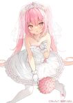  1girl :o bangs bare_arms bare_shoulders blush bouquet commentary_request dress fang flower frilled_dress frills gloves hair_between_eyes hair_ornament high_heels himekuma_ribon holding holding_bouquet long_hair looking_at_viewer official_art pantyhose parted_lips pink_flower pink_hair pink_rose re:act red_eyes rose saeki_sora see-through shoes simple_background sitting solo strapless strapless_dress tiara twintails veil very_long_hair virtual_youtuber white_background white_dress white_footwear white_gloves white_legwear x_hair_ornament 