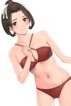  ace_attorney ass_visible_through_thighs bikini black_hair breasts brown_eyes cleavage collarbone commentary_request criss-cross_halter hair_ornament hair_rings halterneck hand_up highres kntrs_(knyrs) legs_apart looking_at_viewer medium_breasts navel parted_lips red_bikini short_hair simple_background smile stomach susato_mikotoba swimsuit the_great_ace_attorney white_background 