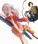  1boy 2girls ass black_hair blood blue_eyes blush breasts byleth_(fire_emblem) byleth_(fire_emblem)_(female) cape casual_one-piece_swimsuit closed_mouth edelgard_von_hresvelg english_commentary fire_emblem fire_emblem:_three_houses fire_emblem_heroes garreg_mach_monastery_uniform green_little hair_ornament hair_ribbon hubert_von_vestra long_hair looking_at_viewer multiple_girls nosebleed one-piece_swimsuit purple_eyes red_cape ribbon simple_background smile swimsuit thumbs_up uniform white_hair yuri 