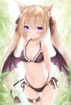  1girl animal_ear_fluff animal_ears arms_behind_back bikini black_bikini blonde_hair breasts cat_ears cat_girl demon_girl demon_tail demon_wings highres kata_rosu long_hair navel original pink_eyes ribbon side-tie_bikini solo swimsuit tail thigh_gap thigh_strap thighs twintails wings 