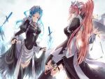  2girls apron blue_eyes blue_hair clear_glass_(mildmild1311) clothes_lift cup elbow_gloves felicia_(fire_emblem) fire_emblem fire_emblem_fates flora_(fire_emblem) glaring gloves highres holding holding_tray holding_weapon knife looking_at_viewer maid maid_apron maid_headdress multiple_girls pink_hair ponytail skirt skirt_lift teacup teapot thighhighs tray twintails weapon 