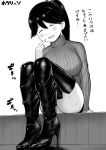  1girl alternate_costume boots breasts closed_eyes greyscale high_heel_boots high_heels hotaryuso houshou_(kancolle) kantai_collection large_breasts long_hair long_sleeves monochrome ponytail sitting solo sweater thigh_boots translation_request turtleneck turtleneck_sweater 