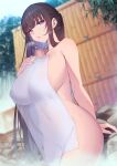  1girl bangs bare_shoulders bathing blue_eyes blush breasts brown_hair collarbone highres large_breasts long_hair looking_at_viewer naked_towel nude onsen original santa_(sunflower) sideboob solo steam thighs towel 