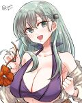  alternate_costume aqua_eyes aqua_hair bikini breasts collarbone flower hair_between_eyes hair_flower hair_ornament hair_ornament_removed highres kantai_collection large_breasts long_hair matsunaga_(haku) navel open_clothes open_mouth open_shirt purple_bikini simple_background smile speech_bubble suzuya_(kancolle) swimsuit swimsuit_under_clothes twitter_username upper_body white_background 