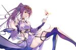  1girl arlizi bare_shoulders breasts demon_pillar_(fate) detached_sleeves dress elbow_gloves fate/grand_order fate_(series) feet_out_of_frame fur-trimmed_dress fur_trim gloves hair_ribbon highres holding holding_wand long_hair open_mouth ponytail purple_dress purple_hair purple_ribbon red_eyes ribbon scathach_(fate) scathach_skadi_(fate) scathach_skadi_(third_ascension)_(fate) sidelocks simple_background smile solo tiara wand white_background 