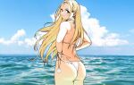  1girl absurdres ass bikini blonde_hair blue_eyes blue_sky cloud cloudy_rain4 day from_behind highres horizon kofune_ushio long_hair looking_at_viewer looking_back ocean outdoors shell_necklace sky solo standing summertime_render swimsuit thong_bikini very_long_hair white_bikini 