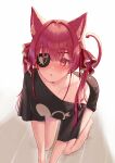  1girl :o all_fours alternate_costume animal_ears bangs bare_shoulders blush breasts cat_ears cat_tail collarbone eyebrows_behind_hair floor hair_ribbon heart highres hololive houshou_marine kemonomimi_mode large_breasts long_hair nose_blush oekakikei off_shoulder open_mouth red_eyes red_hair ribbon shirt simple_background solo tail twintails virtual_youtuber white_background 
