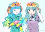  2girls :d aqua_background aqua_gloves aqua_hair aqua_sweater armor bangs blunt_bangs breastplate brown_horns buttons censored center_frills closed_eyes closed_mouth collared_shirt colored_eyelashes crown dotted_background dual_persona facing_another frilled_shirt frills futaba_sana gloves green_eyes green_hair hair_down hand_on_own_head hand_up holographic_touchscreen horns jewelry layered_sleeves long_sleeves looking_at_object looking_up magia_record:_mahou_shoujo_madoka_magica_gaiden magical_girl mahou_shoujo_madoka_magica mizuna_girls&#039;_academy_school_uniform mosaic_censoring multicolored_hair multiple_girls neck_ribbon necklace official_alternate_costume open_mouth pink_armor pointless_censoring purple_ribbon purple_shirt ribbed_sweater ribbon ring school_uniform scrunchie sheep_horns shirt short_over_long_sleeves short_sleeves sidelocks simple_background smile split_mouth sweater totte turtleneck turtleneck_sweater twintails two-tone_gloves upper_body uwasa_no_sana wavy_hair white_shirt yellow_gloves yellow_scrunchie 