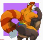  2022 absurd_res ailurid anthro back_muscles barazoku biceps big_butt big_muscles border butt chair claws clothing eyebrows fur furniture hair hi_res huge_butt huge_muscles lgbt_history_month lgbt_pride looking_at_viewer male mammal muscular muscular_anthro muscular_male pride_color_clothing pride_color_underwear pride_colors purple_background rainbow_pride_colors red_panda simple_background sitting smile solo teeth thick_thighs thong tuft tylerstark underwear white_border 