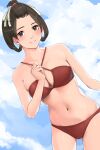 ace_attorney ass_visible_through_thighs bikini black_hair blue_sky breasts brown_eyes cleavage cloud collarbone commentary_request criss-cross_halter day hair_ornament hair_rings halterneck hand_up highres kntrs_(knyrs) legs_apart looking_at_viewer medium_breasts navel outdoors parted_lips red_bikini short_hair sky smile stomach susato_mikotoba swimsuit the_great_ace_attorney 