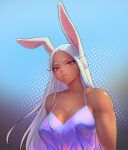  1girl animal_ears bangs bare_shoulders boku_no_hero_academia breasts collarbone dark-skinned_female dark_skin dress english_commentary gabriel_carrasquillo halter_top halterneck highres large_breasts lipgloss long_eyelashes long_hair looking_at_viewer mirko parted_bangs polka_dot polka_dot_background purple_dress rabbit_ears rabbit_girl red_eyes solo toned upper_body white_hair 