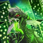 anthro black_body black_fur bodily_fluids chin_tuft chiropteran city city_background cityscape dripping ears_down facial_tuft fangs fur glowing glowing_eyes glowing_mouth grey_pawpads hair half-closed_eyes hi_res inner_ear_fluff male mammal narrowed_eyes neck_tuft open_mouth open_smile pawpads paws pivoted_ears pteropodid red_eyes saliva saliva_drip saliva_string sharp_teeth smile solo teeth tolnga tongue tongue_out tuft white_hair 