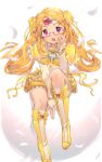  1girl ascot between_legs boots brooch bubble_skirt capelet choker cure_muse_(yellow) egg feathers frills glasses heart_brooch highres hitogata_ningen jewelry long_hair long_sleeves looking_at_viewer open_mouth orange_hair precure ribbon shirabe_ako shirt sitting skirt solo suite_precure tiara yellow_choker yellow_footwear yellow_ribbon yellow_shirt 