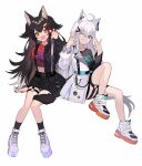  2girls :d ahoge animal_ears aqua_eyes bare_legs belt black_hair black_jacket black_legwear black_nails black_shirt black_shorts breasts claw_pose crop_top double_fox_shadow_puppet fangs fishnets fox_ears fox_girl fox_shadow_puppet fox_tail full_body grin hair_ornament hairclip hand_up hands_up highres hololive invisible_chair jacket knee_up kneehighs long_hair long_sleeves looking_at_viewer midriff multicolored_hair multiple_girls nail_polish one_eye_closed ookami_mio open_clothes open_jacket orange_eyes red_nails red_shirt see-through see-through_sleeves shirakami_fubuki shirt shoes short_shorts short_sleeves shorts shugao simple_background sitting small_breasts smile sneakers streaked_hair tail thigh_strap thighs two_side_up very_long_hair virtual_youtuber white_background white_footwear white_hair white_jacket wolf_ears wolf_girl wolf_tail 