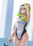  1girl an-94_(girls&#039;_frontline) aqua_eyes commentary_request competition_swimsuit covered_navel cowboy_shot girls&#039;_frontline goggles goggles_removed highres long_hair looking_at_viewer multicolored_clothes multicolored_swimsuit one-piece_swimsuit solo standing strap_slip swimsuit tomtom_drawing towel white_hair white_swimsuit 