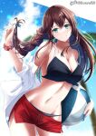  1girl ball beach beachball bikini bikini_under_clothes black_bikini braid breasts brown_hair cleavage collarbone green_eyes hachiware_(8ware63) highres kantai_collection large_breasts long_hair looking_at_viewer navel noshiro_(kancolle) official_alternate_costume outdoors outside_border red_shorts shirt shorts solo swimsuit twin_braids white_shirt wristband 