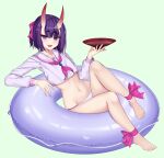  1girl bangs bob_cut breasts eyeliner fate/grand_order fate_(series) highres horns innertube looking_at_viewer makeup mergerri oni oni_horns open_mouth purple_eyes purple_hair short_hair shuten_douji_(fate) skin-covered_horns small_breasts smile solo 