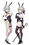  2girls ahoge animal_ears artoria_pendragon_(fate) bangs bare_shoulders black_bow black_choker black_footwear black_gloves black_legwear black_leotard blonde_hair bow braid breasts brown_legwear cane chain choker cleavage collar collarbone covered_navel elbow_gloves fake_animal_ears fate/grand_order fate/stay_night fate_(series) fishnet_legwear fishnets french_braid full_body gloves grey_hair hair_between_eyes hair_bow hair_bun high_heels highleg highleg_leotard highres holding holding_cane jeanne_d&#039;arc_alter_(avenger)_(fate) jeanne_d&#039;arc_alter_(fate) large_breasts leotard long_hair looking_at_viewer medium_breasts multiple_girls open_mouth pantyhose playboy_bunny rabbit_ears rabbit_girl rabbit_tail saber_alter short_hair sidelocks simple_background single_hair_bun strapless strapless_leotard tail thighhighs vivi_(eve_no_hakoniwa) white_background yellow_eyes 