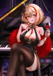  :d azur_lane bare_shoulders black_dress black_legwear blonde_hair bracelet breasts chushou_wang collarbone crossed_legs cup dress drinking_glass feather_boa hair_between_eyes hair_ornament highres holding holding_cup huge_breasts instrument jewelry light_blush looking_at_viewer multicolored_hair multiple_rings nail_polish piano red_hair red_nails red_wine ring roon_(azur_lane) roon_(viridescent_lullaby)_(azur_lane) short_dress short_hair sitting sleeveless sleeveless_dress smile streaked_hair thighhighs two-tone_hair wine_glass yellow_eyes 