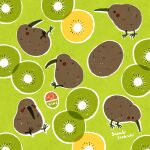  animal_name bird blush food fruit green_background highres kiwi_(bird) kiwi_(fruit) kiwi_slice lying no_humans on_back original outline signature sitting standing suzuki_itokichi white_outline 